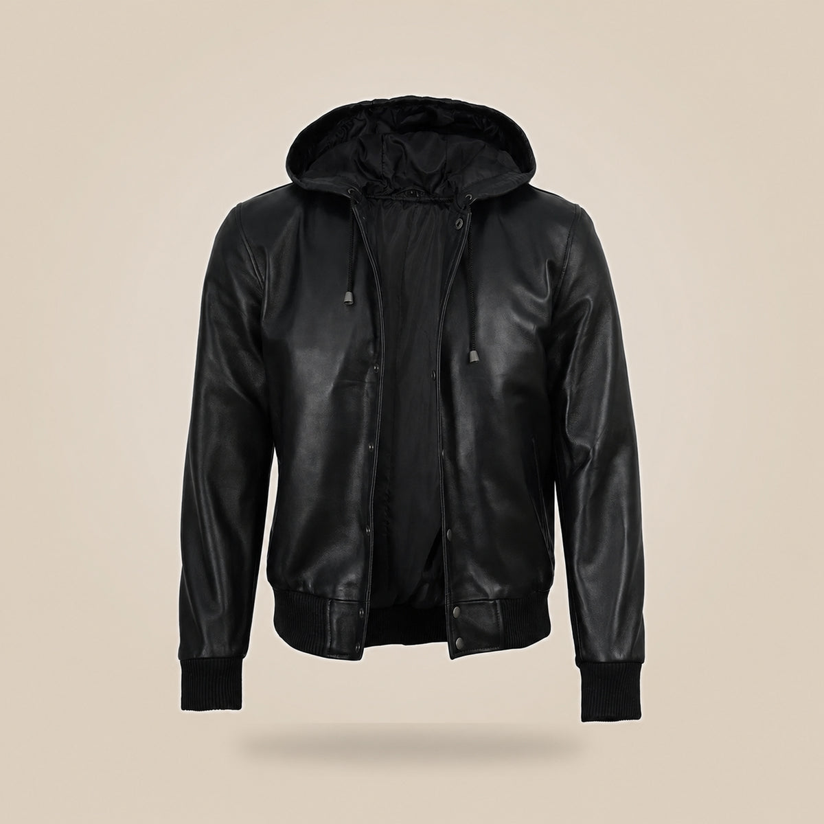 Men's Black Leather Varsity Jacket With Hood - extra angle 1 view by MOTOGRIP GEAR