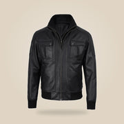 Men's Black Real Leather Bomber Jacket With Detachable Hood - extra angle 1 view by MOTOGRIP GEAR