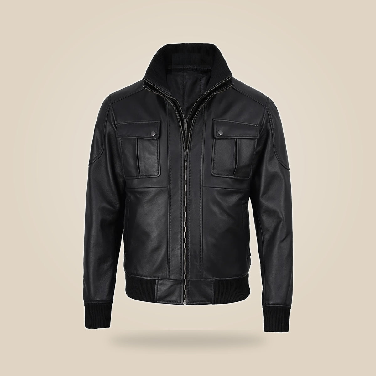 Men's Black Real Leather Bomber Jacket With Detachable Hood - extra angle 1 view by MOTOGRIP GEAR
