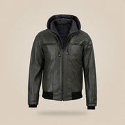 Men's Olive Green Real Leather Jacket With Removable Hood - extra angle 1 view by MOTOGRIP GEAR