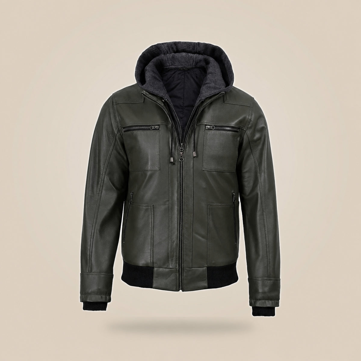 Men's Olive Green Real Leather Jacket With Removable Hood - extra angle 1 view by MOTOGRIP GEAR
