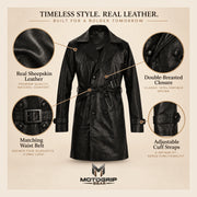 MOTOGRIP Bramwell men's 1970s Black Leather Trench Coat, feature infographic.