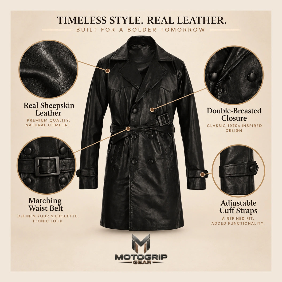 MOTOGRIP Bramwell men's 1970s Black Leather Trench Coat, feature infographic.