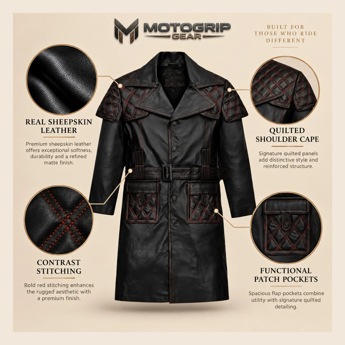 MOTOGRIP Redmere men's Black Quilted Sheepskin Leather Trench Coat, feature infographic.