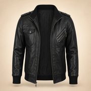 Men's Black Lambskin Leather Bomber Jacket With Removable Grey Hood - no hood front view by MOTOGRIP GEAR