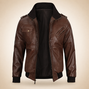 Men's Tall Dark Brown Lambskin Hooded Bomber Jacket - no hood front view by MOTOGRIP GEAR
