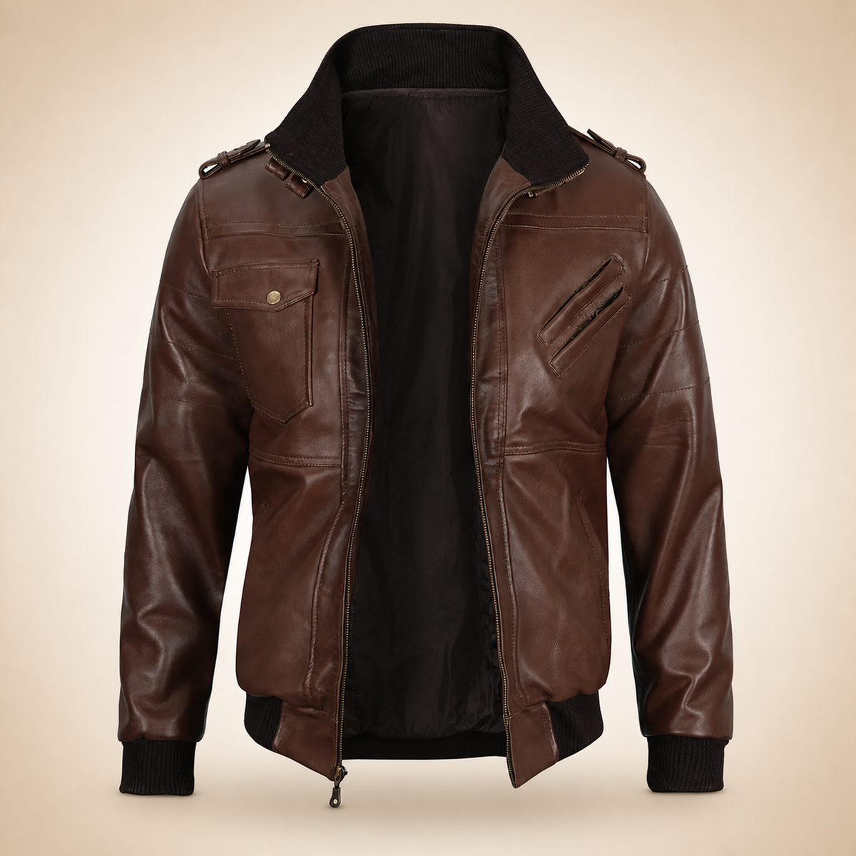 Men's Tall Dark Brown Lambskin Hooded Bomber Jacket - no hood front view by MOTOGRIP GEAR