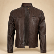 Men's Dark Brown Hand-Waxed Lambskin Hooded Leather Jacket - no hood front view by MOTOGRIP GEAR