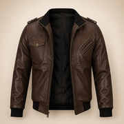 Men's Dark Brown Lambskin Bomber Jacket With Removable Burgundy Hood - no hood front view by MOTOGRIP GEAR