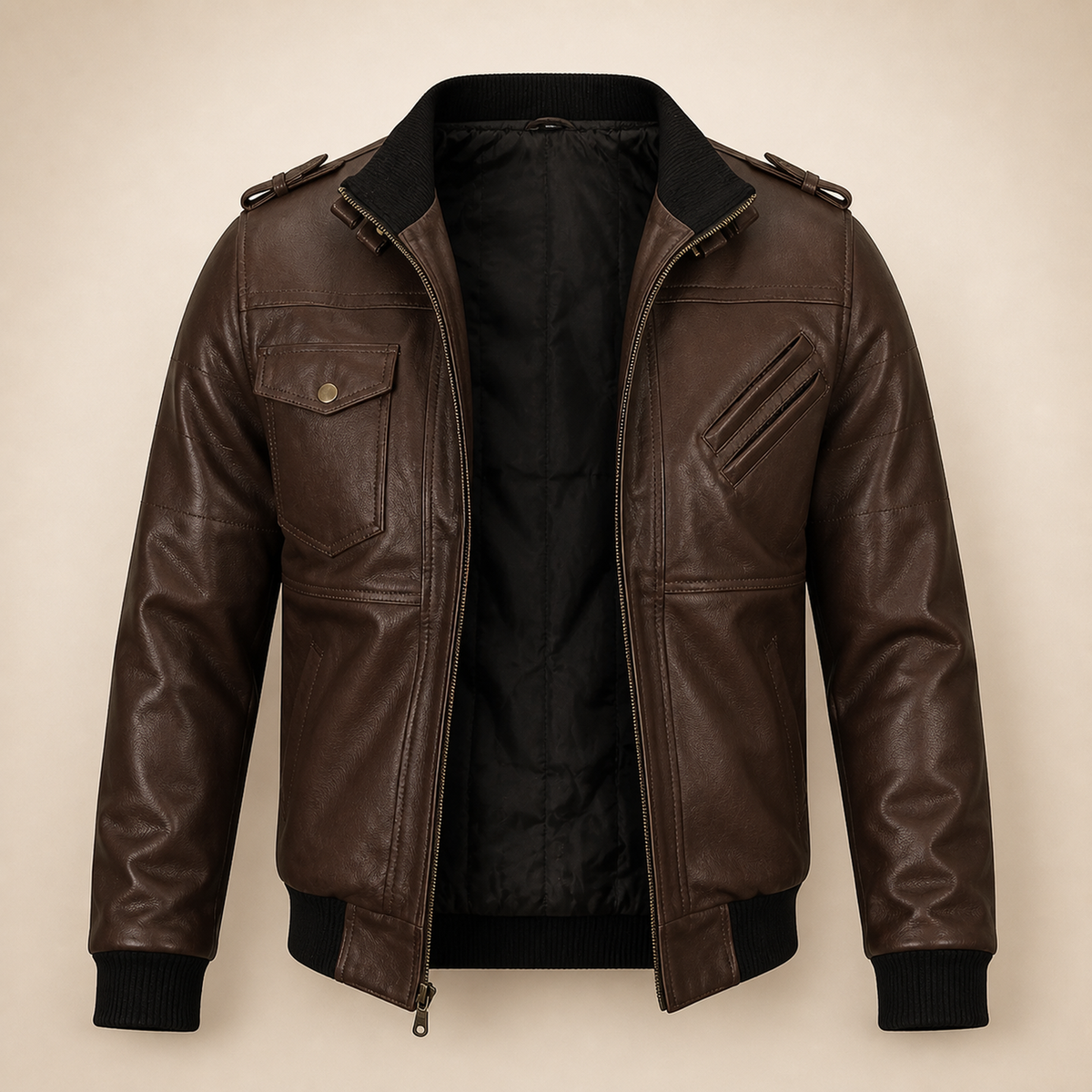 Men's Dark Brown Lambskin Bomber Jacket With Removable Burgundy Hood - no hood front view by MOTOGRIP GEAR