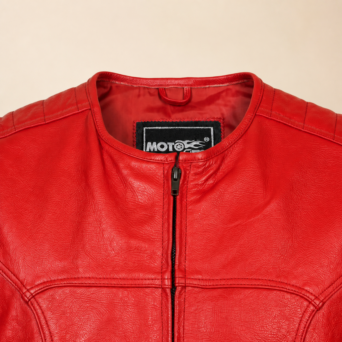 Men's Red SWAT Cowhide Leather Motorcycle Vest - red swat leather vest collar detail view by MOTOGRIP GEAR