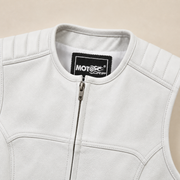 Men's White SWAT Cowhide Leather Motorcycle Vest - white swat leather vest collar detail view by MOTOGRIP GEAR