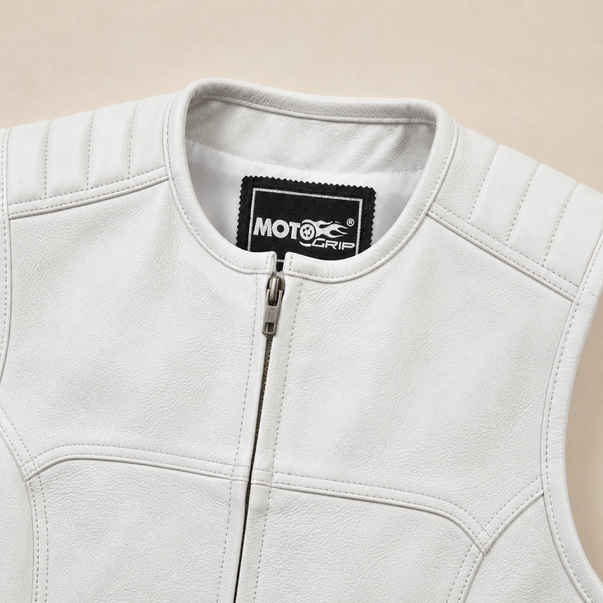 Men's White SWAT Cowhide Leather Motorcycle Vest - white swat leather vest collar detail view by MOTOGRIP GEAR