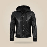 Men's Black Leather Varsity Jacket With Hood - extra angle 2 view by MOTOGRIP GEAR
