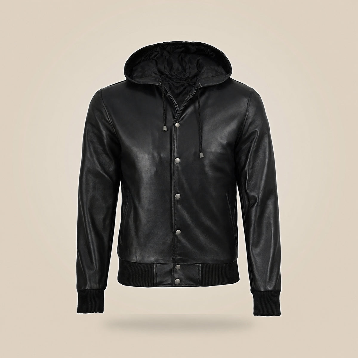 Men's Black Leather Varsity Jacket With Hood - extra angle 2 view by MOTOGRIP GEAR