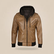 Men's Camel Brown Leather Jacket With Removable Hood - extra angle 2 view by MOTOGRIP GEAR