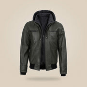 Men's Olive Green Real Leather Jacket With Removable Hood - extra angle 2 view by MOTOGRIP GEAR