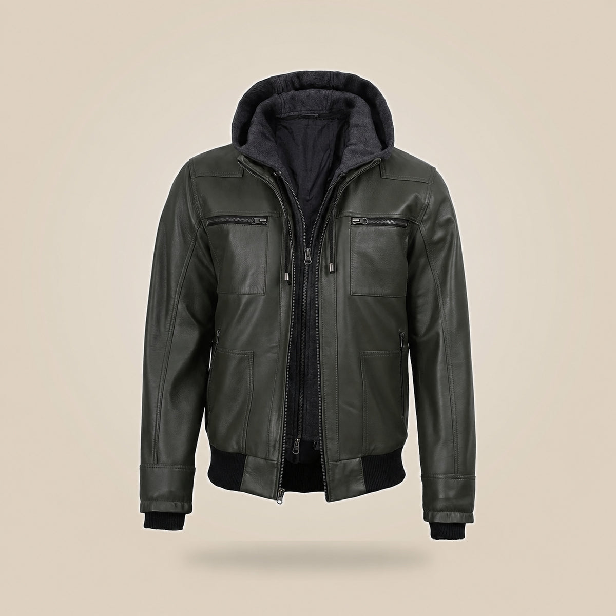 Men's Olive Green Real Leather Jacket With Removable Hood - extra angle 2 view by MOTOGRIP GEAR