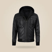 Men's Black Real Leather Bomber Jacket With Detachable Hood - extra angle 2 view by MOTOGRIP GEAR
