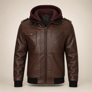 Men's Dark Brown Lambskin Bomber Jacket With Removable Burgundy Hood - hood closed front view by MOTOGRIP GEAR