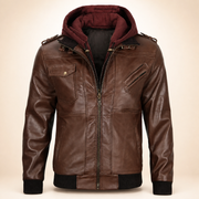 Men's Tall Dark Brown Lambskin Hooded Bomber Jacket - hood closed front view by MOTOGRIP GEAR