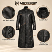 Nightwarden black Napa leather trench coat features infographic