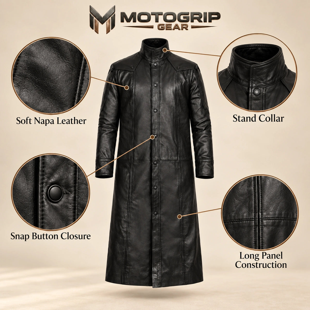 Nightwarden black Napa leather trench coat features infographic