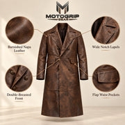 Prestwick dark brown burnished leather long coat features infographic