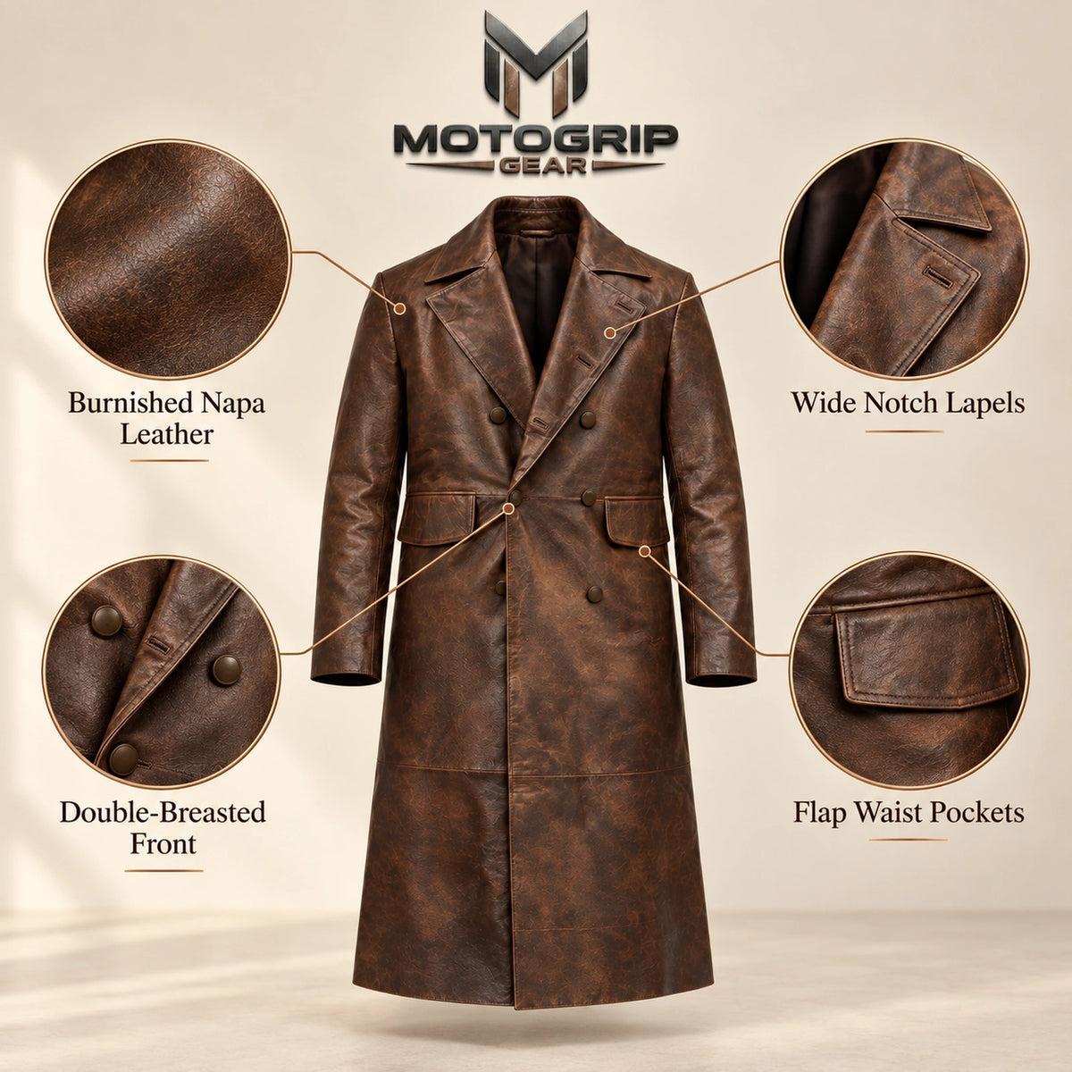 Prestwick dark brown burnished leather long coat features infographic