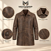 Winfield brown Napa leather coat features infographic