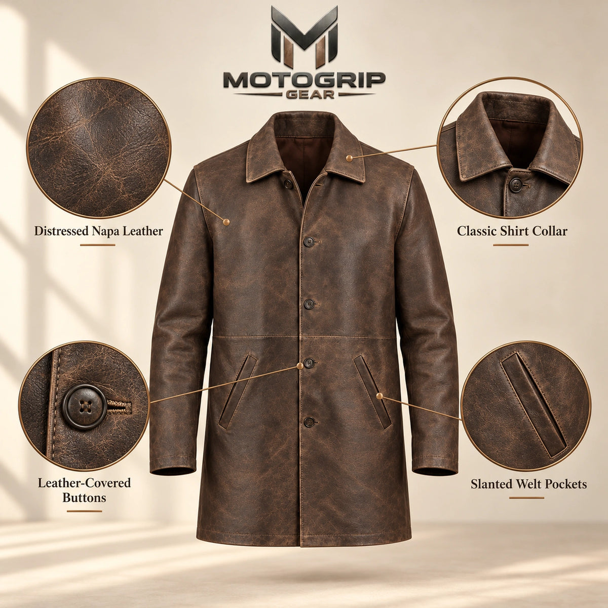 Winfield brown Napa leather coat features infographic