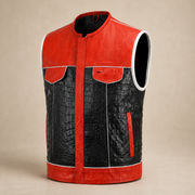 Men's Crocodile & Snake Embossed Leather Biker Vest – Red & Black Side-Lace Waistcoat - right side view by MOTOGRIP GEAR