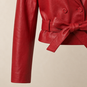 Women's Red Lambskin Cropped Trench Jacket - womens red lambskin cropped trench jacket sleeve detail view by MOTOGRIP GEAR