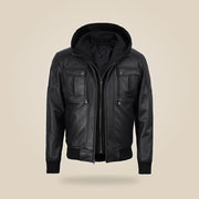 Men's Black Real Leather Bomber Jacket With Detachable Hood - extra angle 3 view by MOTOGRIP GEAR