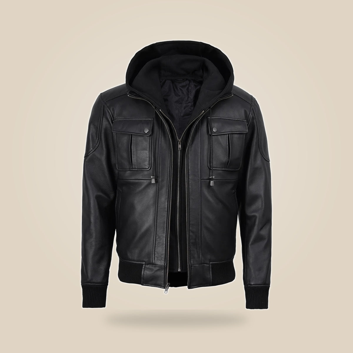 Men's Black Real Leather Bomber Jacket With Detachable Hood - extra angle 3 view by MOTOGRIP GEAR