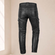 Men’s Distressed Black Cowhide Leather Armored Motorcycle Cargo Pants