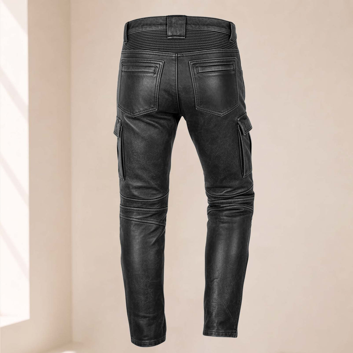 Men’s Distressed Black Cowhide Leather Armored Motorcycle Cargo Pants