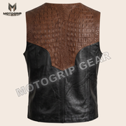 Umberfell leather vest from the back, showing a wide brown crocodile-embossed yoke and panelled black lower body.