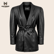 Women’s Luxury Designer Lambskin Leather Belted Jacket – Cognac Brown Statement Blazer