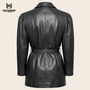 Women’s Luxury Designer Lambskin Leather Belted Jacket – Cognac Brown Statement Blazer