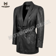Women’s Luxury Designer Lambskin Leather Belted Jacket – Cognac Brown Statement Blazer