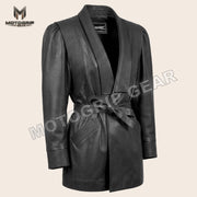 Women’s Luxury Designer Lambskin Leather Belted Jacket – Cognac Brown Statement Blazer