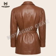Women’s Luxury Designer Lambskin Leather Belted Jacket – Cognac Brown Statement Blazer