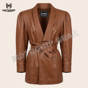 Women’s Luxury Designer Lambskin Leather Belted Jacket – Cognac Brown Statement Blazer