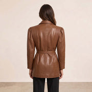 Women’s Luxury Designer Lambskin Leather Belted Jacket – Cognac Brown Statement Blazer