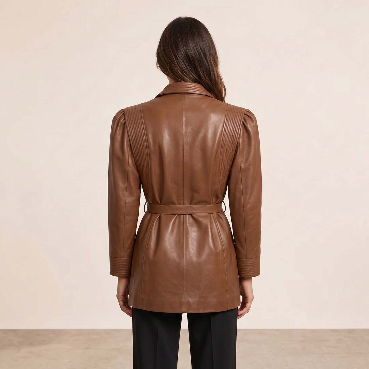 Women’s Luxury Designer Lambskin Leather Belted Jacket – Cognac Brown Statement Blazer