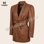 Women’s Luxury Designer Lambskin Leather Belted Jacket – Cognac Brown Statement Blazer