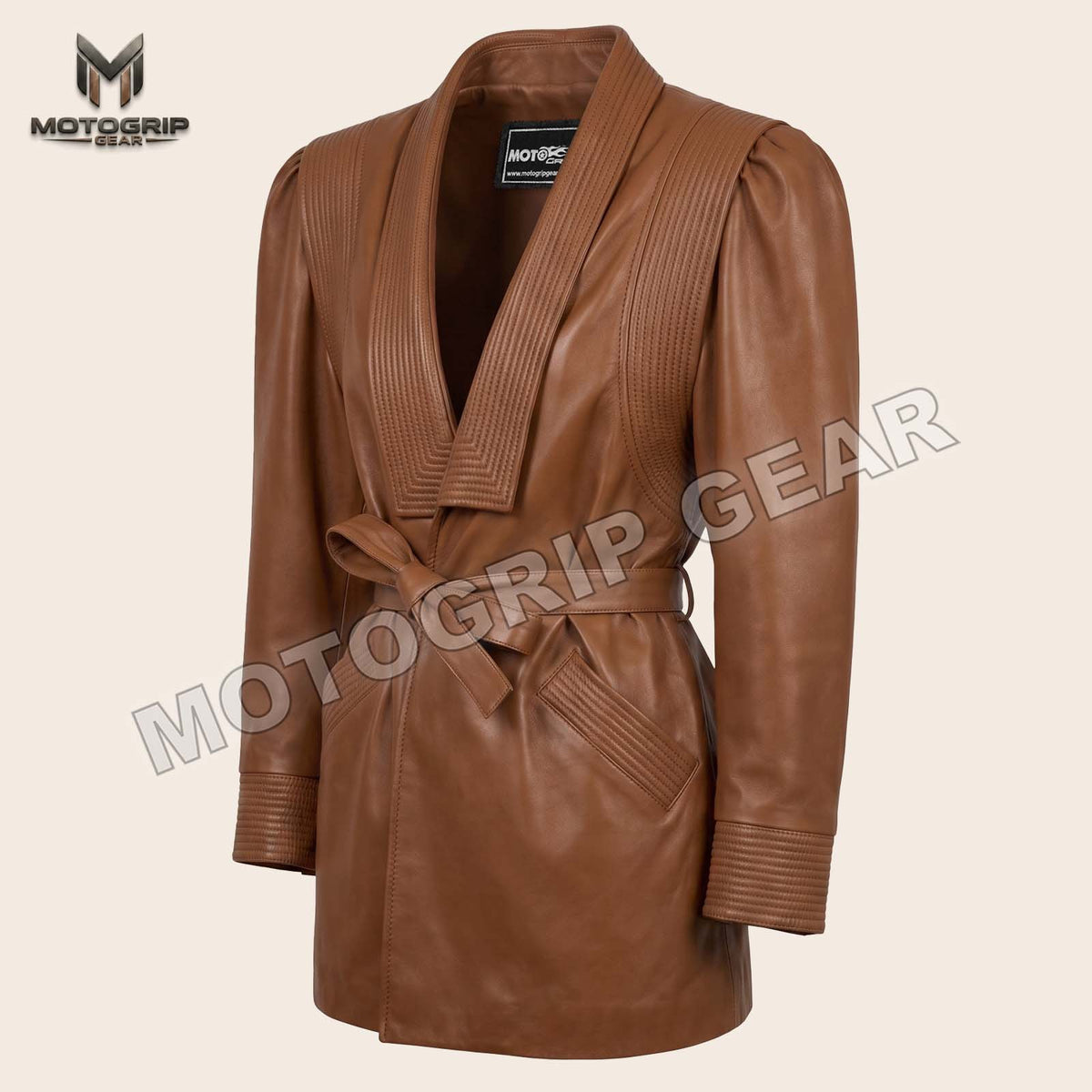 Women’s Luxury Designer Lambskin Leather Belted Jacket – Cognac Brown Statement Blazer
