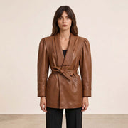 Women’s Luxury Designer Lambskin Leather Belted Jacket – Cognac Brown Statement Blazer