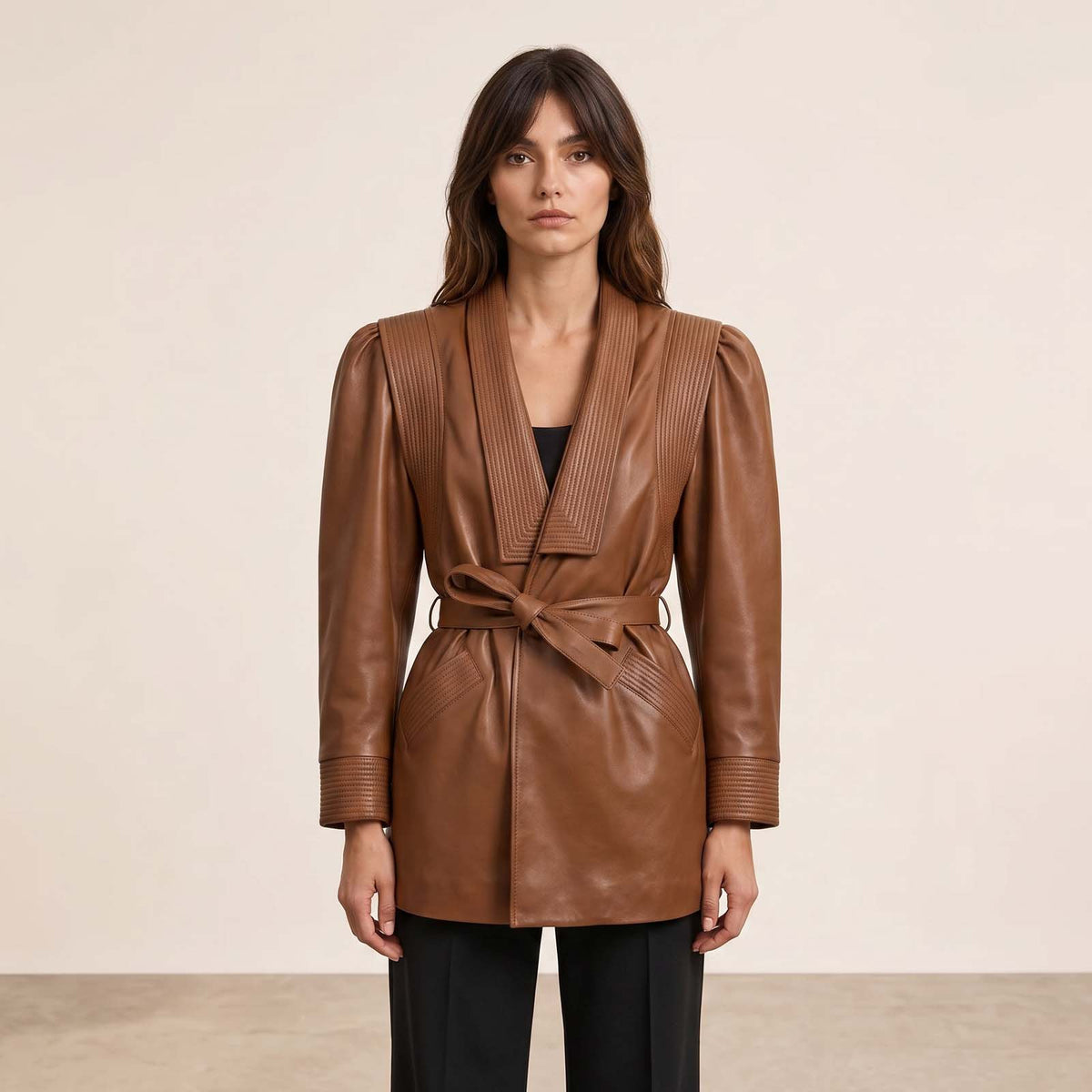 Women’s Luxury Designer Lambskin Leather Belted Jacket – Cognac Brown Statement Blazer